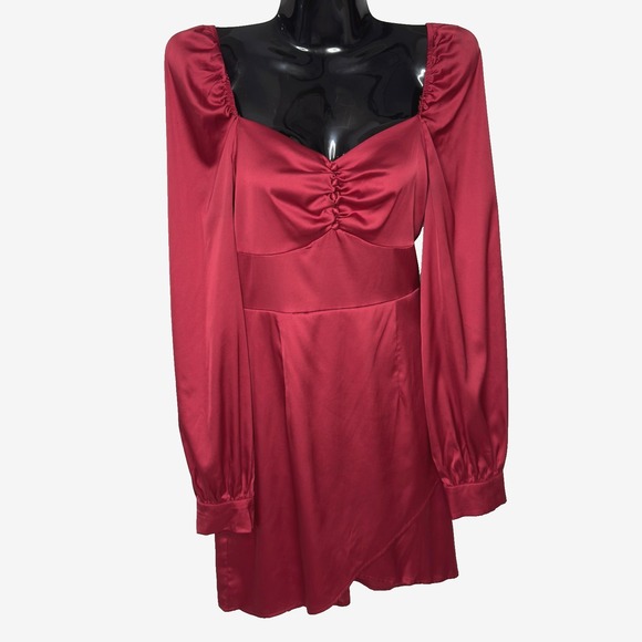 Shein Dress Womens Medium Red Satin Ruched Long Sleeve Wrap Mini Square Neck - Picture 1 of 6